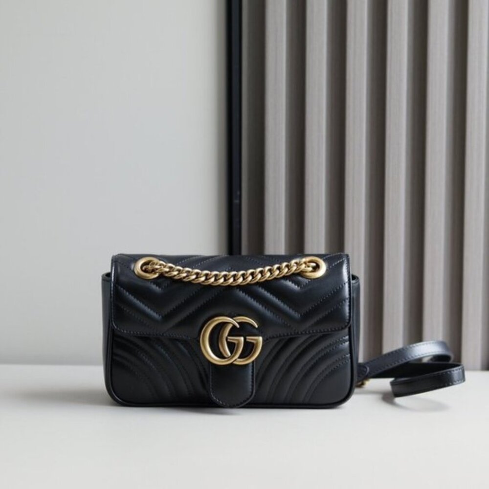 Gucci Black GG Marmont Chain Flap Matelasse Leather Crossbody Bag